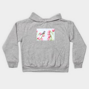 Tufted Titmouse Bird in the Tulip Garden Kids Hoodie